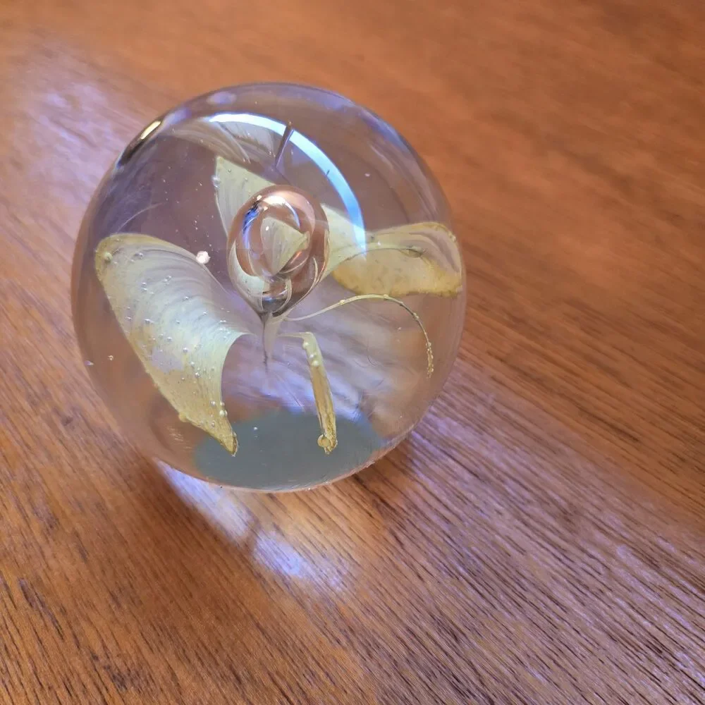 VTG Art Glass Paperweight Yellow Butterfly Design, Light Not Included